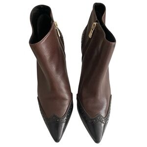 Tory Burch Noelle Brown Black Leather Ankle Boots Brogue Detail Sz 10.5 FLAWED